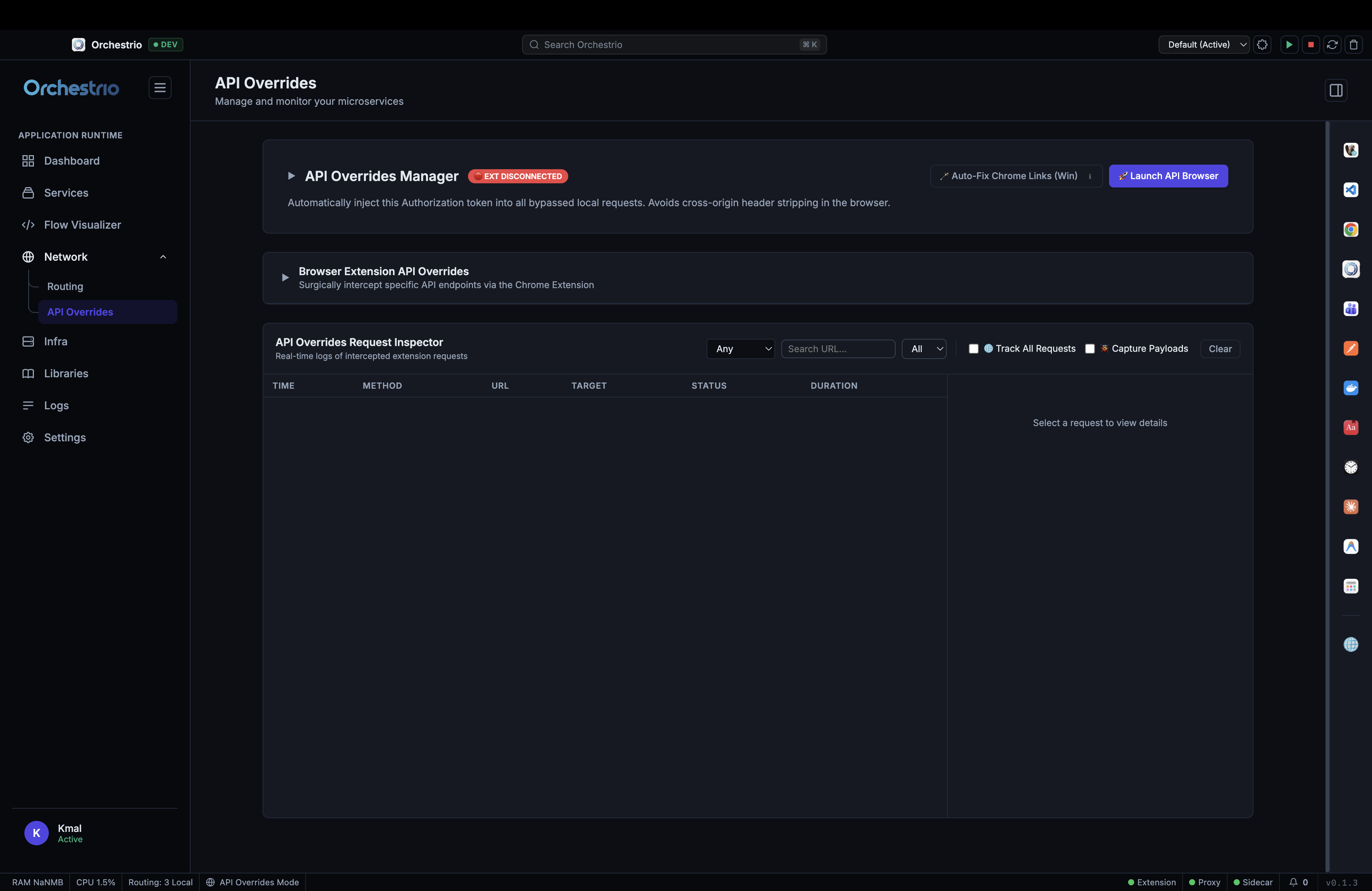API Overrides panel with browser extension auth injection and request inspector
