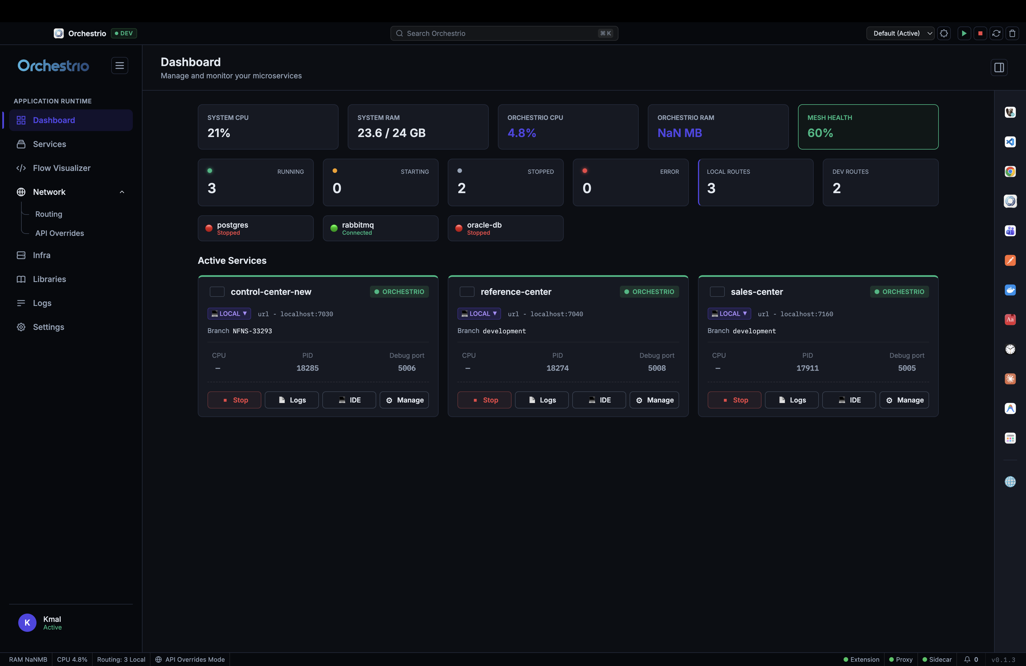 Orchestrio Dashboard showing system metrics, active services and infrastructure status
