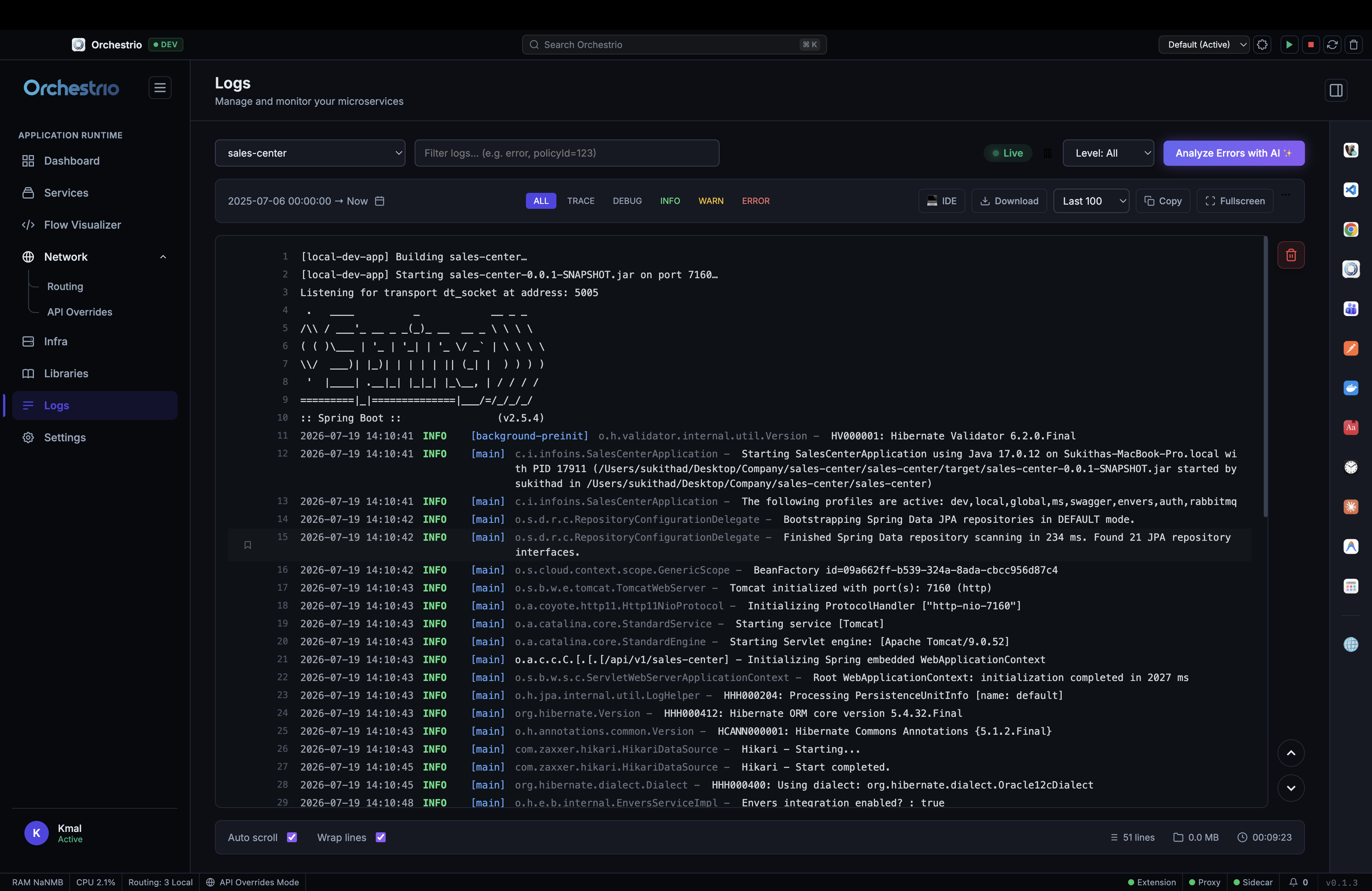 Live log stream for sales-center with INFO, WARN and ERROR filtering and AI analysis button