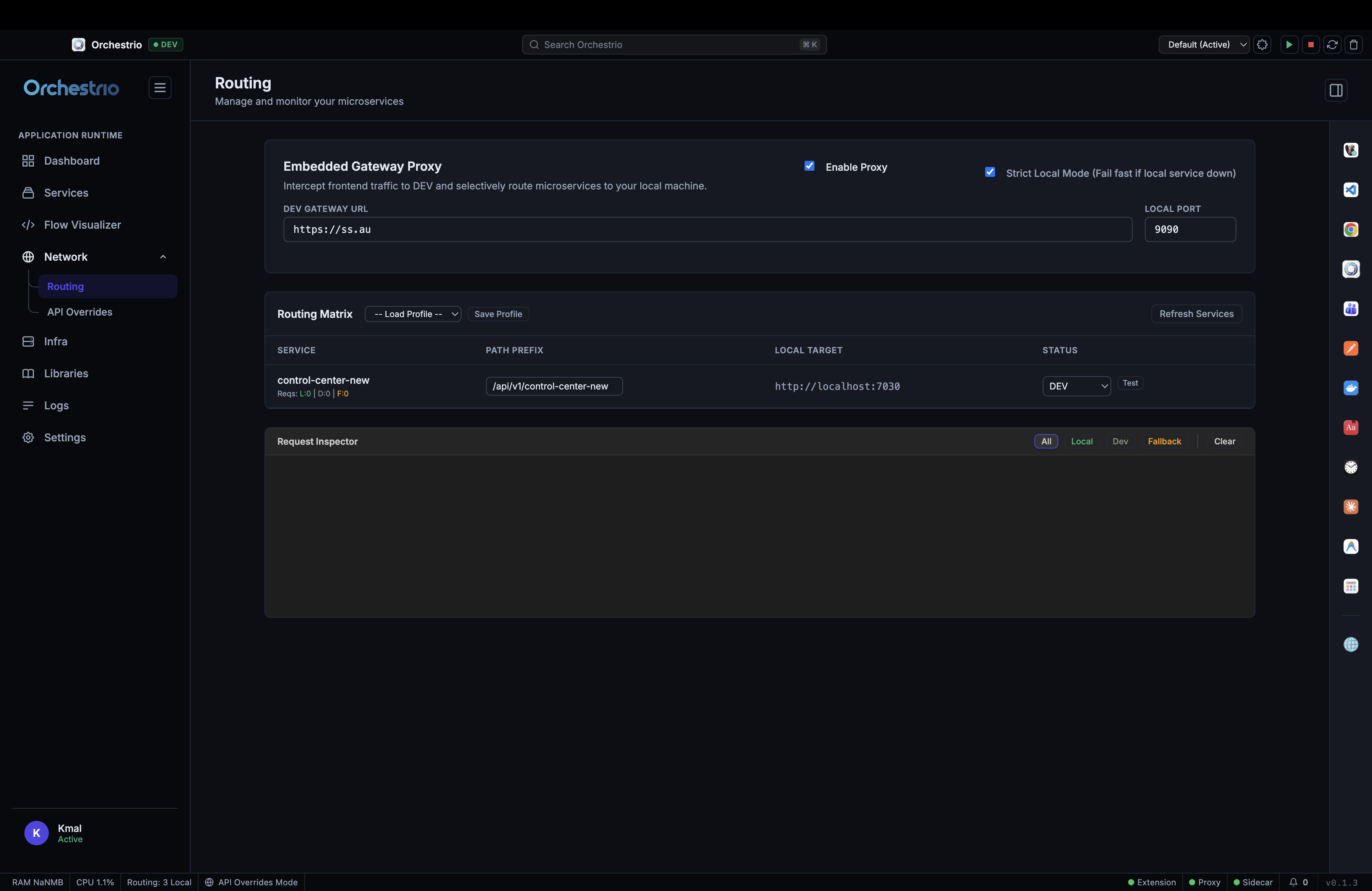 Network routing panel with embedded gateway proxy, routing matrix and request inspector