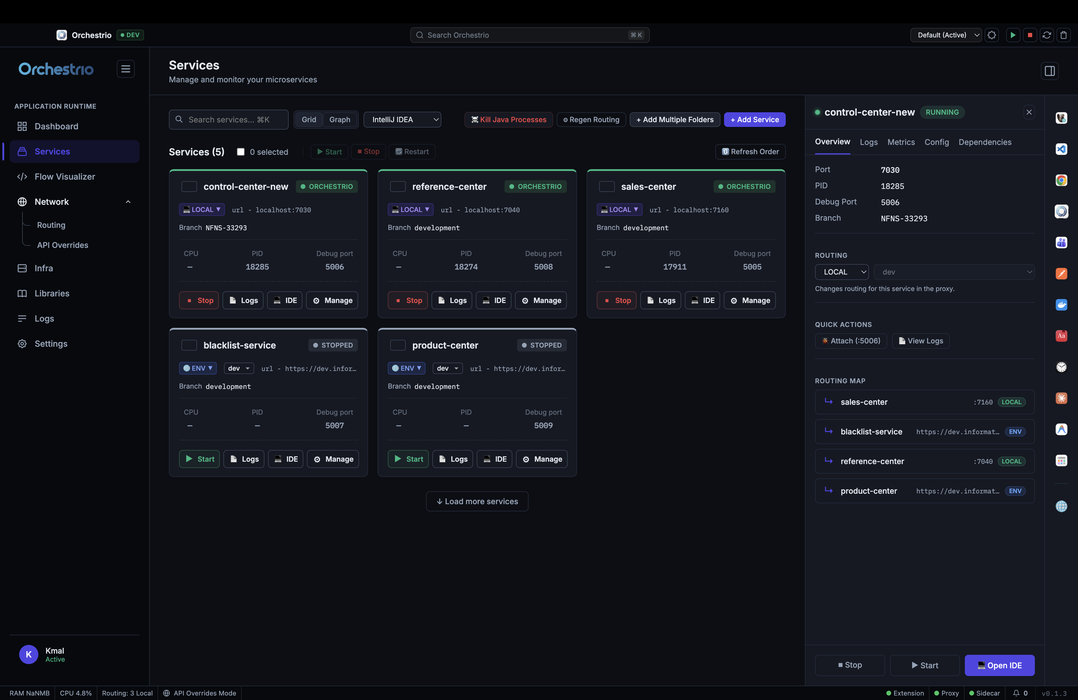 Services grid with detail panel showing port, PID, routing environment and quick actions